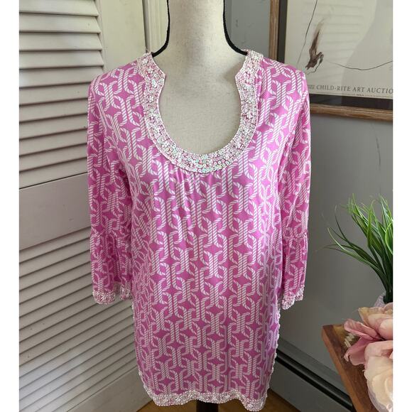 ESCAPADA Womens Tunic Pink Beaded Beach Preppy Coastal Resort Summer SMALL - Picture 2 of 11